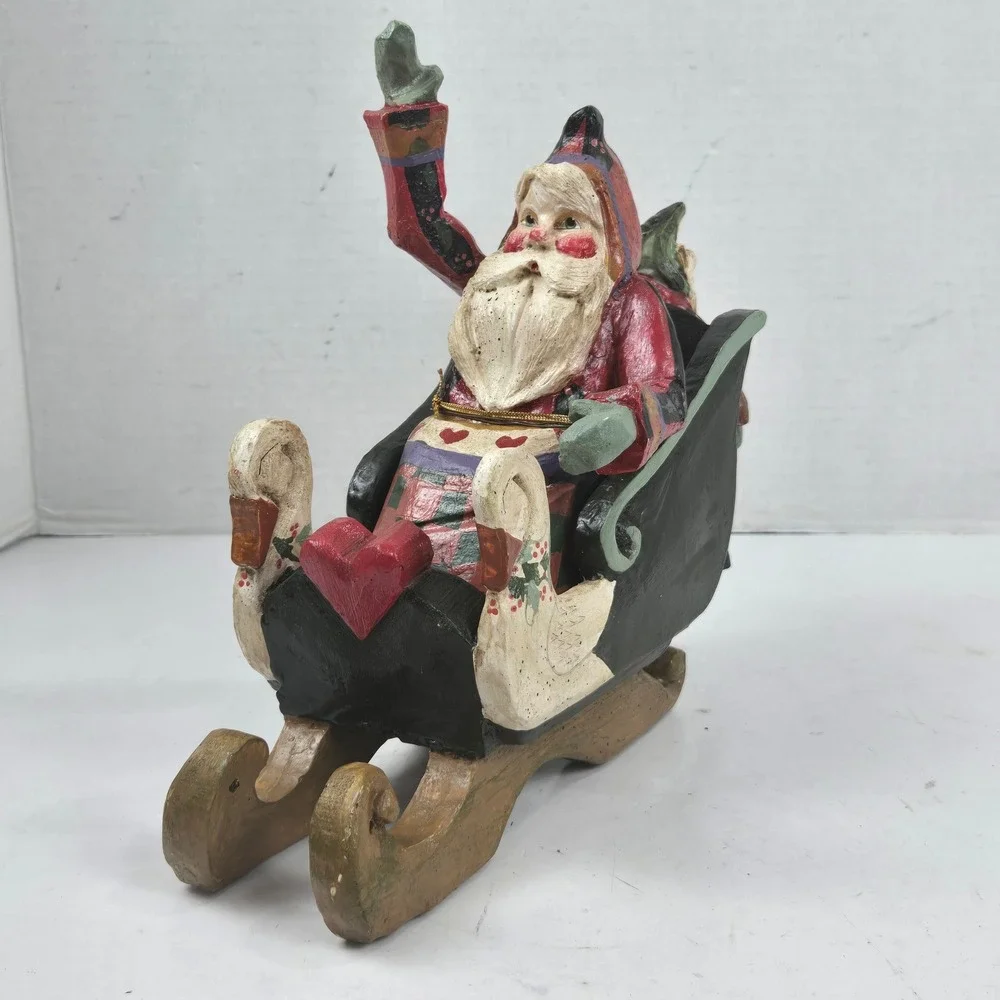 Vtg 1989 House of Hatten Santa in Sleigh Figurine Denise Calla Paper Mache 9 in